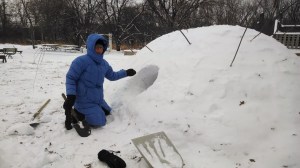 The quinzee mound is made, the door dug